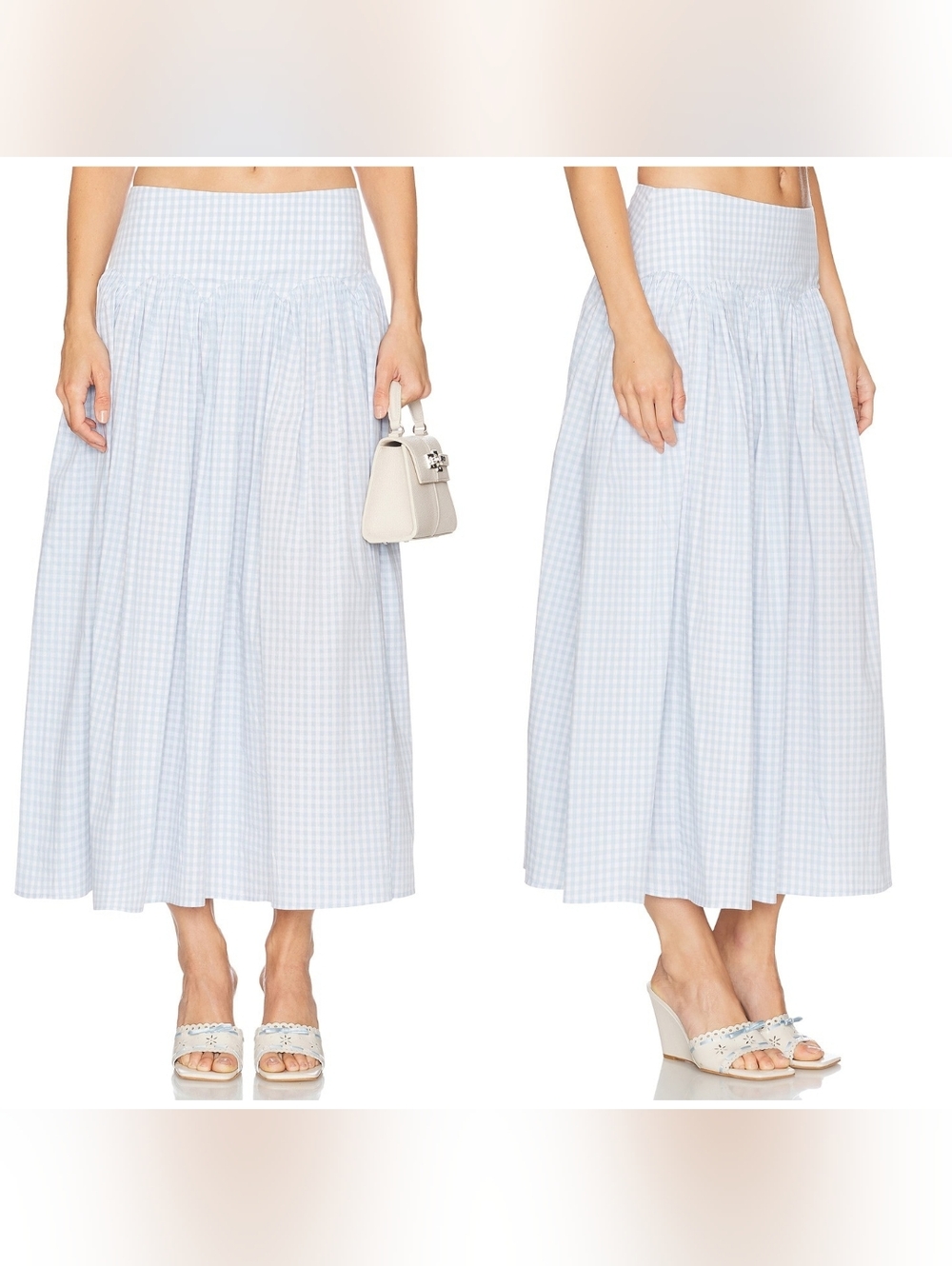 NWT LPA Brigette Midi Skirt in Light Blue Gingham, XS, Scalloped Midi Revolve